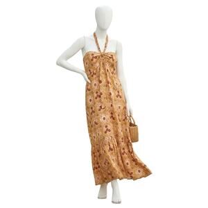 Aerie Linen Blend Braided Halter Maxi Dress Aztec Geometric Print Orange Size XL